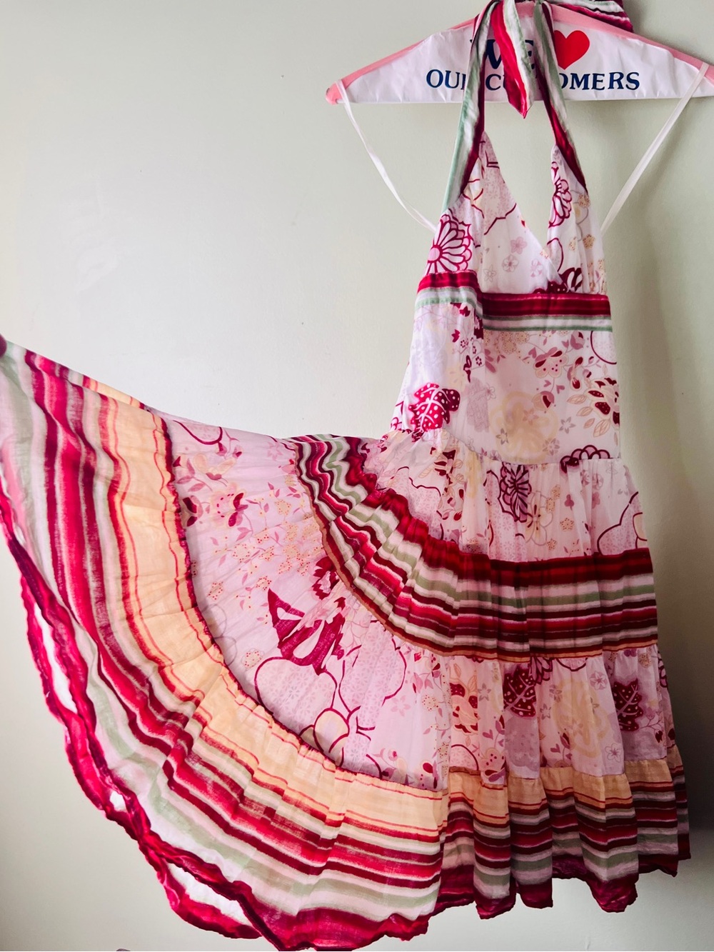 Floral Cotton Halter Tiered Maxi Dress in Pink and Red Size S/XS
